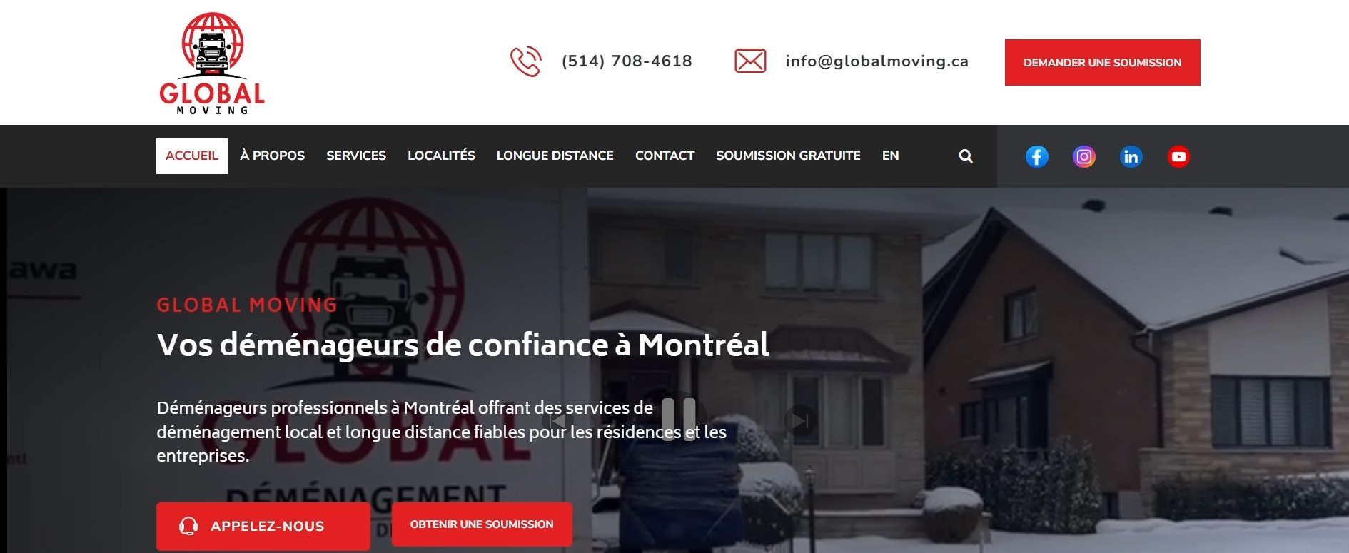 Page d'accueil du site de Global Moving